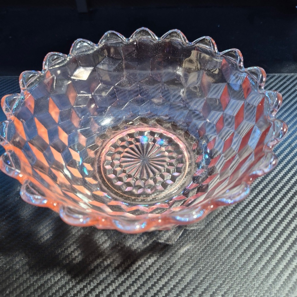 Vintage 7" Pink Depression Glass Bowl Diamond Cube/Cubist - Jeannette Glass CO